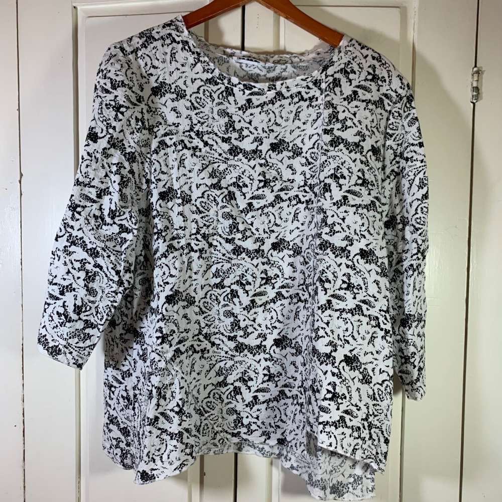 Habitat Womens Black White Abstract Print Button Back Top 3/4 Sleeve Size M